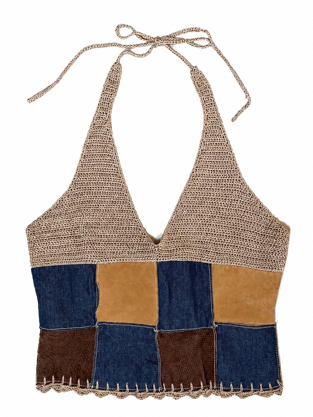 Y2K Wilson’s Leather Maxima Suede Denim Crochet Patchwork halter top size M - Picture 1 of 12